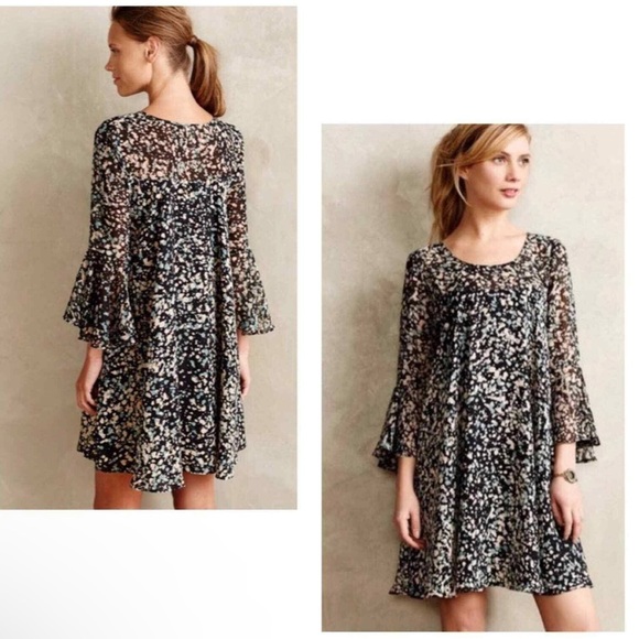 Anthropologie Paper Crown Droplets Splatter Print Swing Dress Flowy Bell Sleeve - Picture 2 of 9